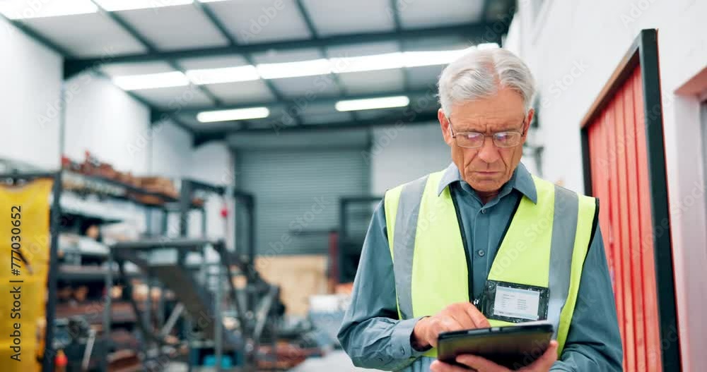 Poster engineer, inspector and senior man with a tablet, internet and information for inventory and check s