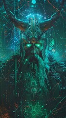 Odin summons visions of the future, his wisdom encoded in holographic runes within a digital Valhalla - obrazy, fototapety, plakaty