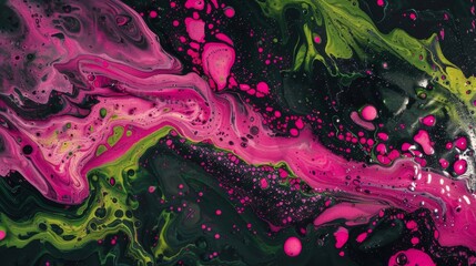 A torrent of hot pink and green paint creates a chaotic but captivating scene on a dark background. - obrazy, fototapety, plakaty