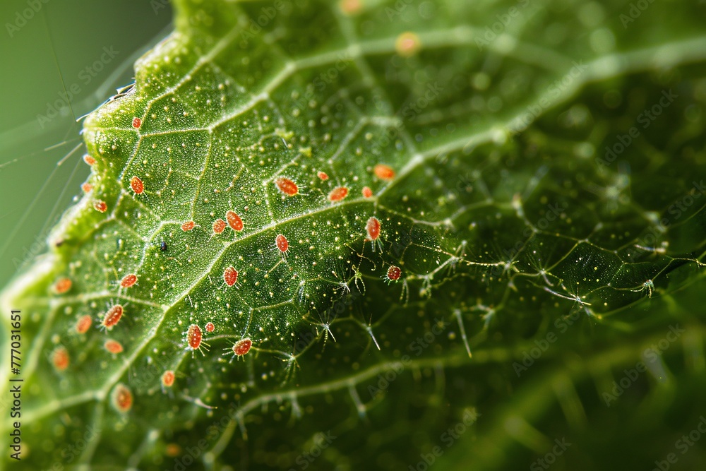 Poster microscopic life on a leaf a close-up view of nature's hidden gems generative ai