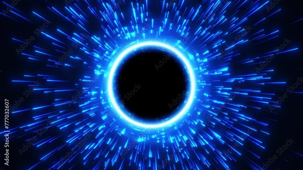 Poster digital futuristic tunnel or travel through time and space moving through bright neon particle lines