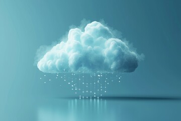 A cloud releasing raindrops in a steady stream against a grey sky, A minimalist representation of cloud computing and storage, AI Generated