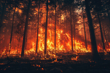 Burning trees in the flames of a wildfire