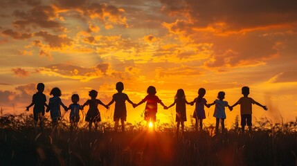 Silhouetted Children Holding Hands at Sunset in Scenic Field