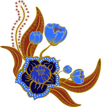 batik motifs of flower petals and leaves, Javanese batik patterns with blue and brown base colors and a white background