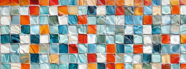 Colorful glass mosaic tile background with white, orange and teal colored blocks