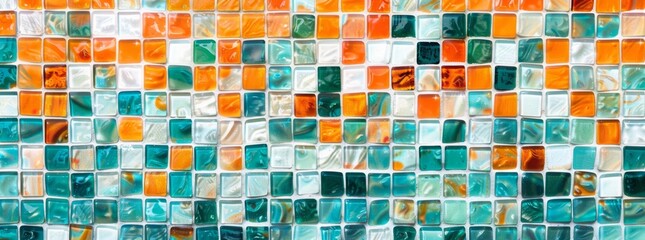 Fototapeta premium Colorful glass mosaic tile background with white, orange and teal colored blocks