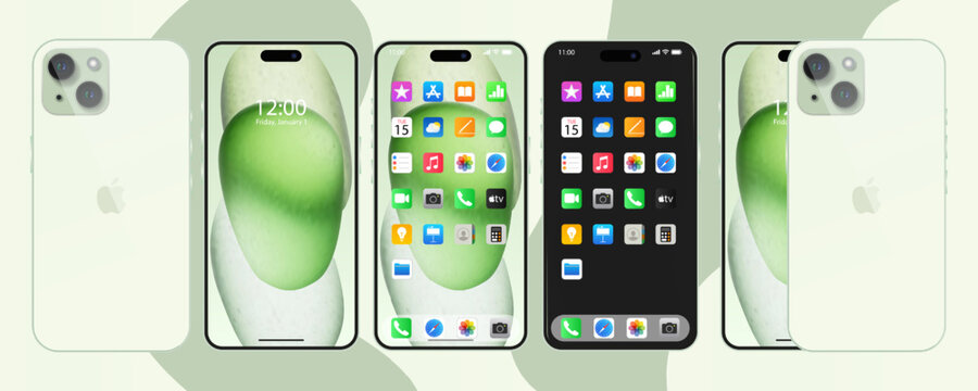 Iphone 15, green, lime color, Apple mockup. Apple interface, Apple apps, Apple logo button. Calendar, note, branded, black wallpaper, iMessage, IOS, dynamic island. Editorial vector illustration.