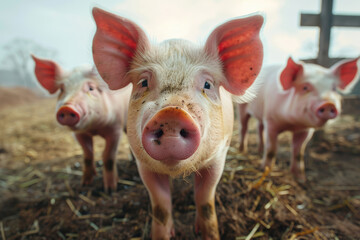 Pigs walking outside on a pig farm