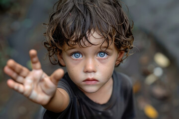 Beggar child with outstretched hand asking for food - obrazy, fototapety, plakaty