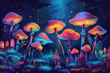 Neon glowing magical psychedelic mushrooms