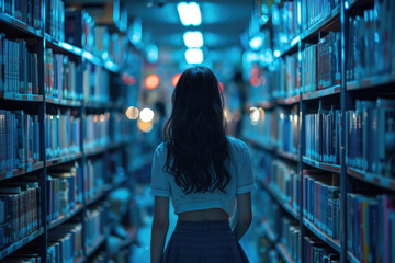 Schoolgirl in the library chooses a book - obrazy, fototapety, plakaty