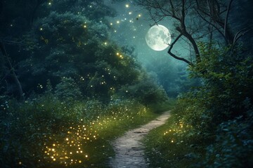 Obraz na płótnie Canvas A winding path in a forest illuminated by the sparkling presence of fireflies, A moonlit path leading through a lush forest with fireflies twinkling around, AI Generated