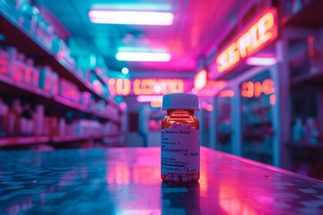 A pharmacy bottle of medicine is shown placed on top of a counter, ready for use, A morphine bottle in a neon lit pharmacy, AI Generated