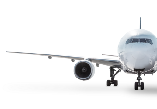 Front view of white wide body passenger airliner isolated