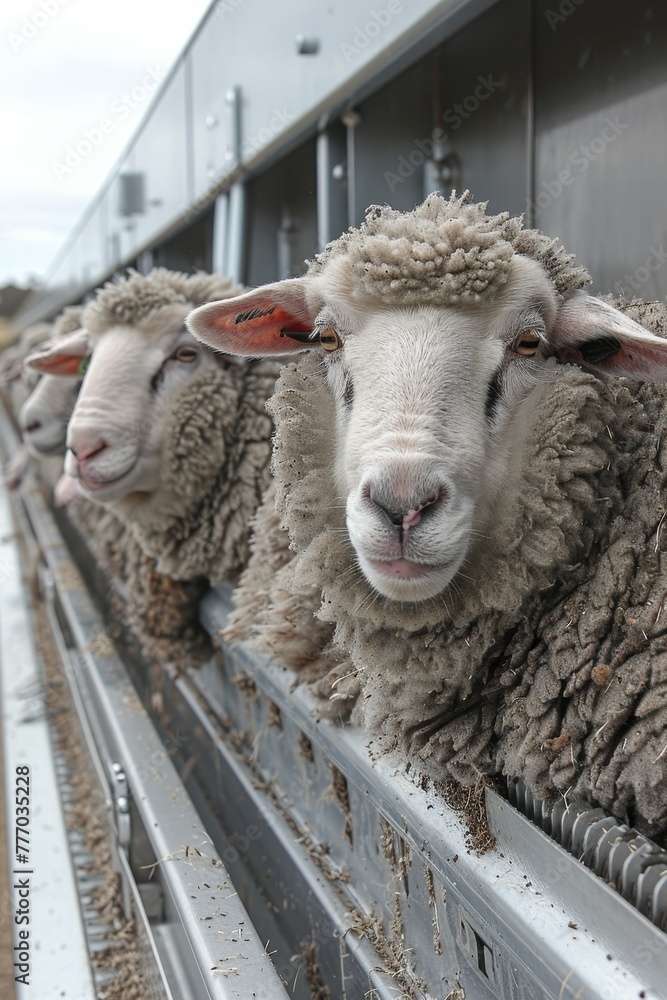 Poster advanced sheep shearing technology in use on a sprawling sheep farming operation