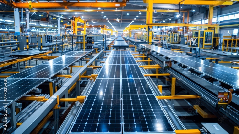 Poster a panoramic view of a factory floor filled with machines and conveyor belts all working in sync to p