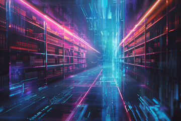 Abstract digital library background with holographic bookshelves and glowing neon light effects