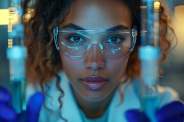 A woman in protective eyewear and a lab coat is observing a test tube in a laboratory setting