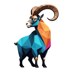 Goat Low Polygon Style Vector, Geometric goat stands on abstract stone icon isolated