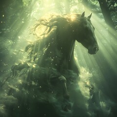 Majestic White Horse Amidst Night Forest, Bathed in Sunlight and Mist