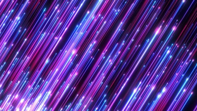 Abstract digital background with glowing neon particles or bright rays of light flying upward. movement of a stream of glowing bright lines of particles. Seamless loop abstract background