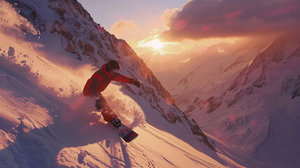 A vivid, dynamic image of a snowboarder descending a snowy mountain at sunrise, showcasing adventure and challenging sports