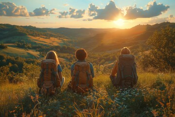 Three individuals with backpacks are perched atop a hill, gazing at the sunset over the natural landscape. The sky is painted with vibrant colors, casting a warm glow on the grassland below - obrazy, fototapety, plakaty