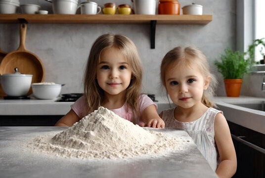 Portrait (face) of little girl with cheek in flour at kitchen with mother backdrop, looking at camera. Charming kid 5 year old domestic family lifestyle. Cooking  process concept. Copy ad text space