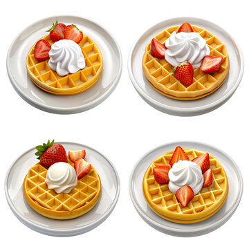 Realistic Icon Object breakfast waffle strawberry slices topping whipped cream, PNG transparent image, AI generative