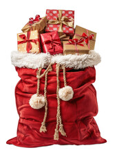 Red christmas gift box. Santa's bag full of wrapped gifts on a white transparent background. Christmas elements.