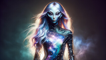 An ethereal alien with large, expressive eyes and long, flowing hair, her skin and attire adorned with stars and galaxies, stands against a nebulous backdrop.