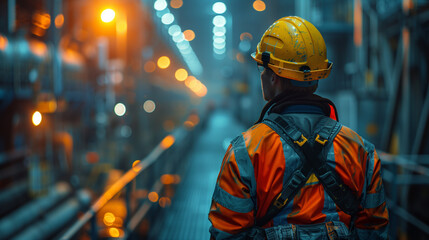 Industrial Night. A worker in safety gear inspects a well-lit industrial site. A man in a work uniform at a construction site - obrazy, fototapety, plakaty