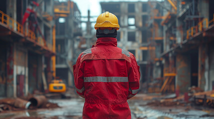A worker in red safety attire and a yellow helmet observes a construction site with machinery and structural frames.