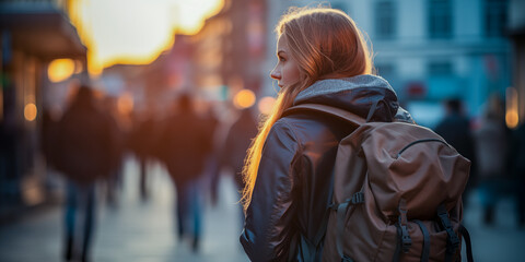 Woman with Backpack Exploring City Streets at Sunset
