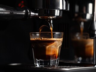 Generative AI of Dynamic Espresso Pour with Creamy Froth, Reflective Surfaces, Dark Elegant Ambiance - Tailored for Morning Energizer, Gourmet Coffee Experience, and Hospitality Spaces