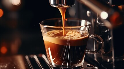 Generative AI of freshly brewed espresso in a modern glass cup, with a rich amber stream flowing from a professional coffee machine, ideal for upscale café menus and barista training materials