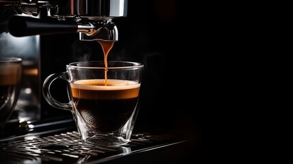 Generative AI of Espresso Machine Pouring Fresh Coffee Isolated on black background with copy space - Ideal for Caffeine Boost, Morning Ritual, and Barista Blogs