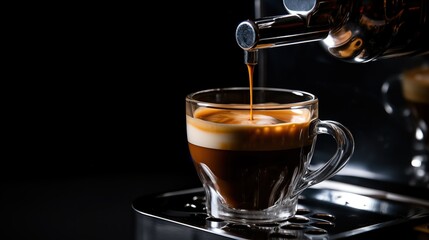 Generative AI of Close-up of rich espresso being brewed in a clear glass cup with copy space, showcasing the dark brown coffee topped with a creamy layer of crema, for coffee shop and barista websites
