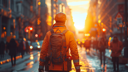Urban Dawn Commute. A solitary worker in a bright yellow jacket and safety helmet walks along a wet city street during sunrise. buildings cast warm reflections, and traffic lights punctuate scene. - obrazy, fototapety, plakaty