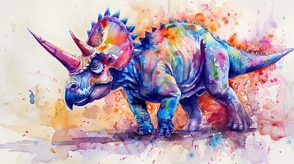 Watercolor of a Triceratops, cute in bright pastel colors, vivid against a soft background that enhances the animals charm