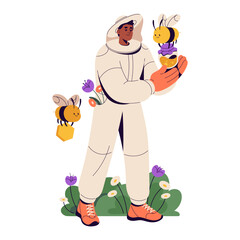 Beekeeper in protective suit gathers harvest at apiculture farm. Cute honeybees fly, carry honeycombs. Apiarist, bee garden farmer collects honey. Flat vector illustration isolated on white background