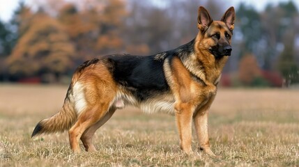 Majestic german shepherd puppy standing alert in field as loyal guardian, a symbol of faithfulness