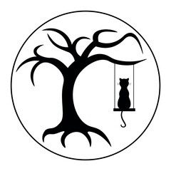 Black silhouette of dry bare tree and cat on swings on moon background. Halloween scary spooky dead tree. 