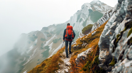 Man Hiking Mountain Trail. Adventure in Nature's Beauty - obrazy, fototapety, plakaty
