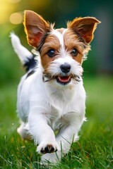Joyful puppy frolicking in lush green grass   adorable pet dog running happily through the meadow