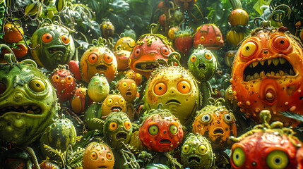 Fototapeta na wymiar A lively scene where anthropomorphic fruits and vegetables, each labeled with their vitamin content, engage in a joyful parade, celebrating the richness of natural nutrition