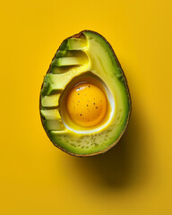 Half of avocado wit egg yolk instead of stone on a solid yellow background. Flat lay, top view. Product shot. Minimalism food idea