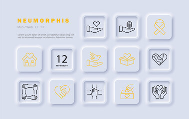 Donations icon set. Ribbon, fight cancer, hands, heart, offer, box, support, gradient, house, teamwork, bird, money, support. The concept of good nature and helping others. Neomorphism style.