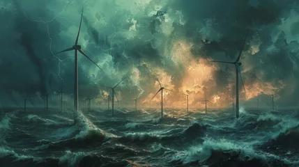 Tuinposter A painting of a stormy sea with many wind turbines in the water. The mood of the painting is dark and ominous, with the stormy weather and the turbines in the water creating a sense of danger © Rattanathip